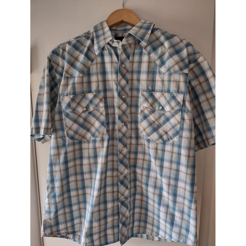 Wrangler Men's Blue Plaid Western Shirt XL Short Sleeve Snap Button 2 Pockets